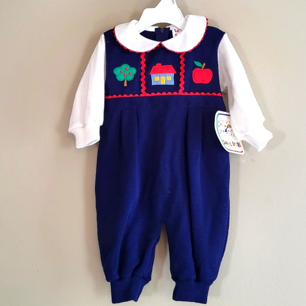 NWT Vintage navy embrodiered footless romper